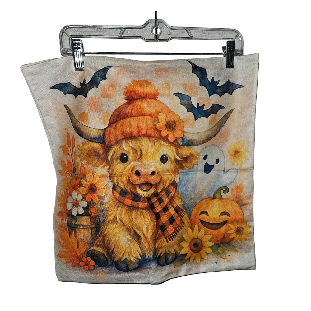 Cute Highland Cow Pumpkin Ghost Halloween Pillow Cover Fall Decor Accent